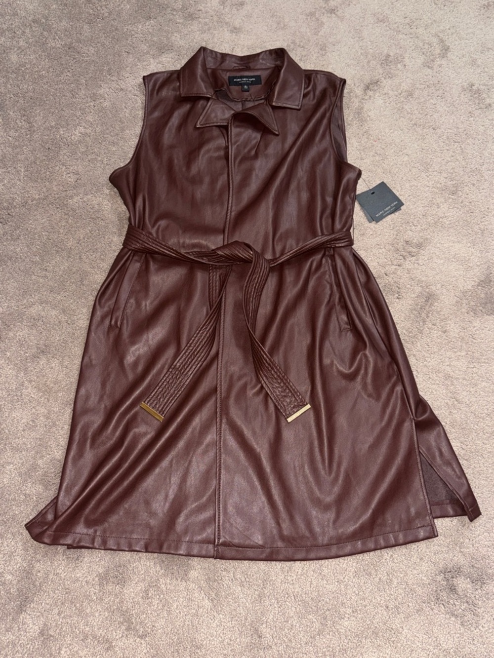 Marc New York Brown Faux Leather Belted Trench Vest Sleeveless NWT SIZE M